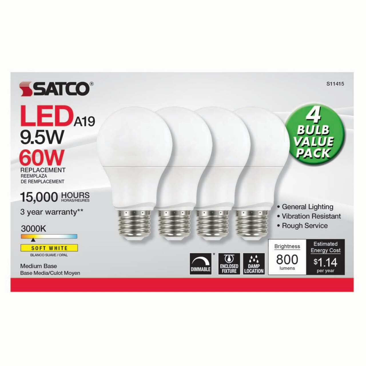 4Pk - Satco 9.5w 120v A19 LED Bulb 3000k Soft White - 60w-equiv